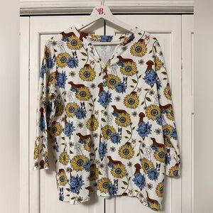 Kim Rogers Perfectly Soft 100% Cotton Dog Lover Sunflower Shirt 3/4 Sleeve XL